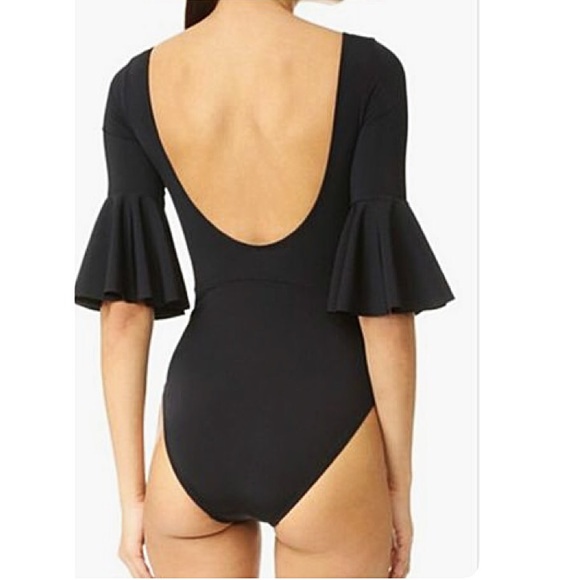 Black Ruffle Half Sleeve Sexy One Piece Swimsuit - Picture 2 of 4